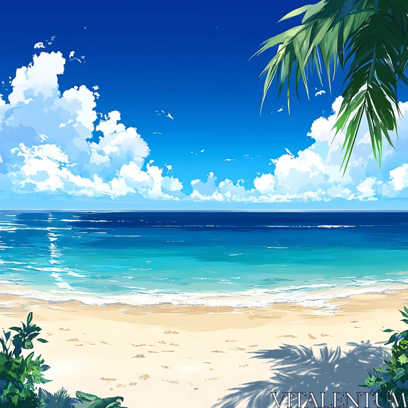 AI ART Tropical Beach with Blue Sky and Clouds