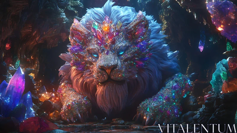 Gemstone Lion in Grotto AI Image