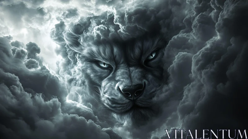 Monochromatic Lion in Cloudscape AI Image