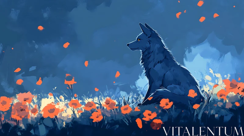 Blue Wolf Among Orange Blooms AI Image