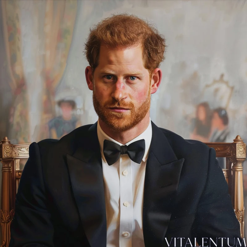 Formal Portrait of Prince Harry in a Black Tuxedo AI Image