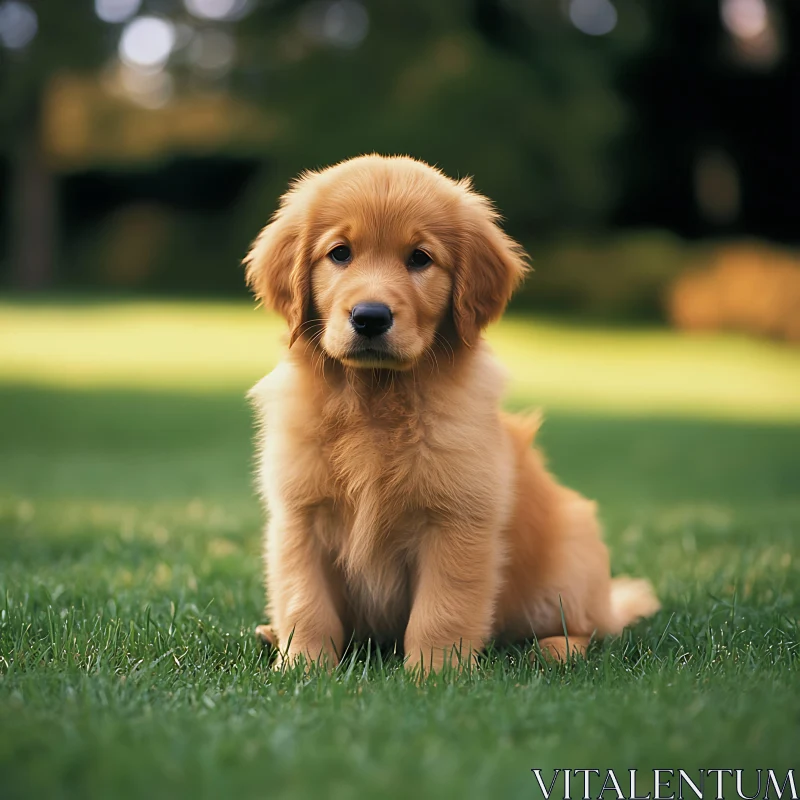 Golden Retriever Puppy Sitting in Garden AI Image