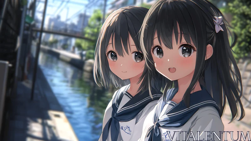 Two Anime Girls in School Uniforms by the Water AI Image