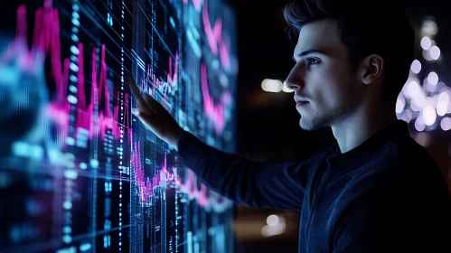 Man Interacting with Financial Data Interface