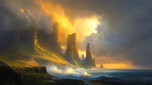 Golden Sunset Over Majestic Cliffs by the Sea