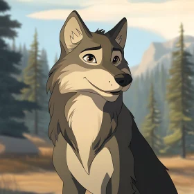 Cartoon Wolf Portrait in Nature