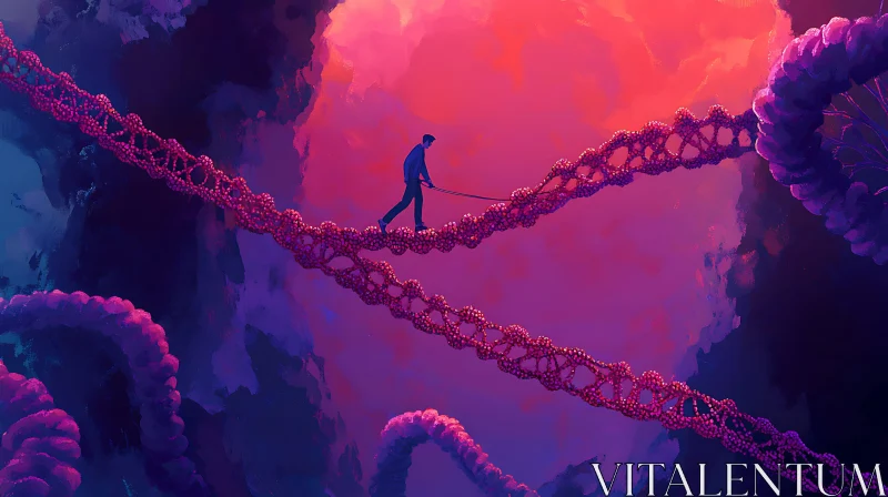 Man Walking on Abstract Bridge in Dreamlike Sky AI Image