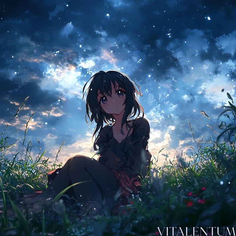 Serene Night with Anime Girl and Starry Sky AI Image