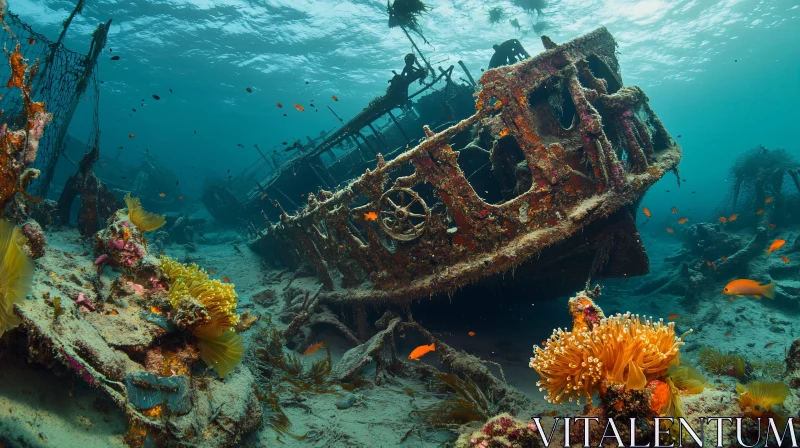 Marine Ecosystem Flourishes Around Sunken Ship AI Image