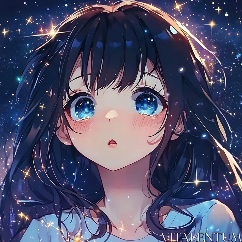 Starry-Eyed Anime Girl in a Magical Night Sky AI Image