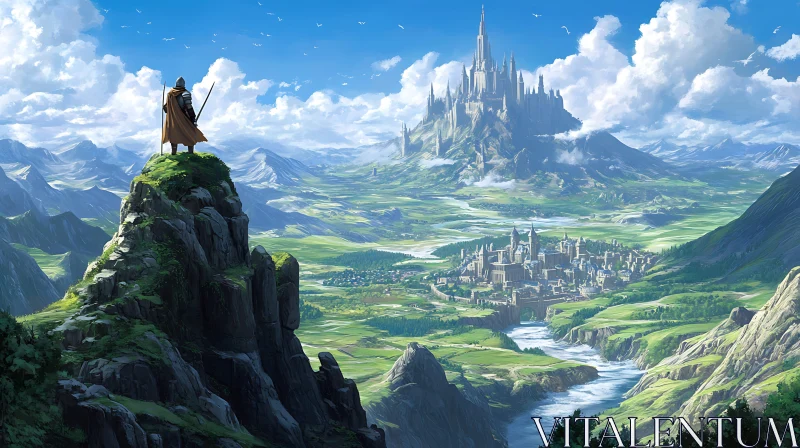 Warrior Overlooking Fantasy Kingdom AI Image