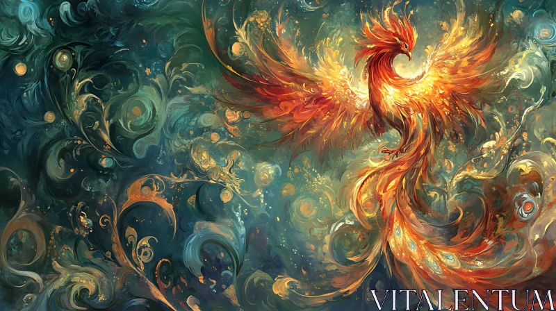 AI ART Fiery Phoenix Soaring in Teal Depths