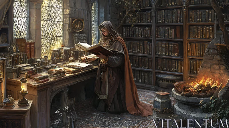 Scholar in Ancient Library AI Image