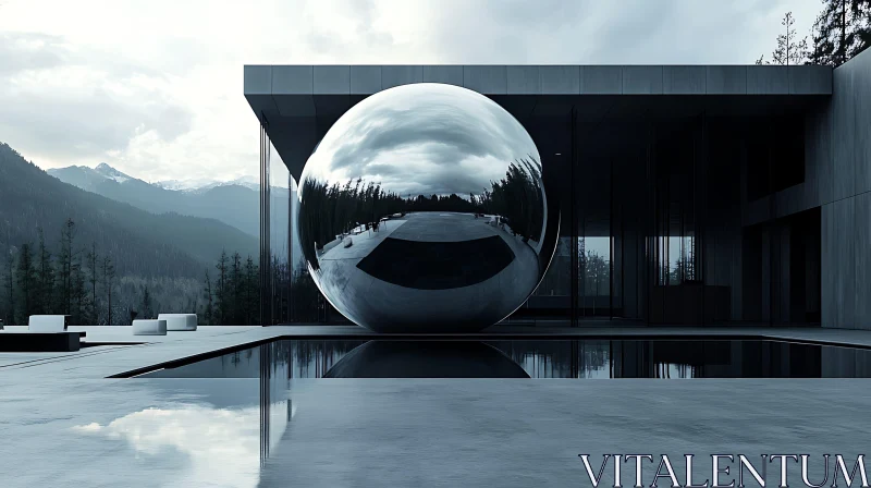 Minimalist Design Featuring Reflective Sphere Against Mountain Scenery AI Image