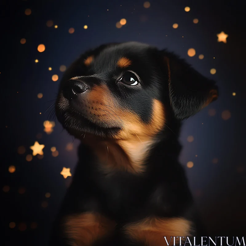 Cute Puppy with Glowing Stars in Background AI Image