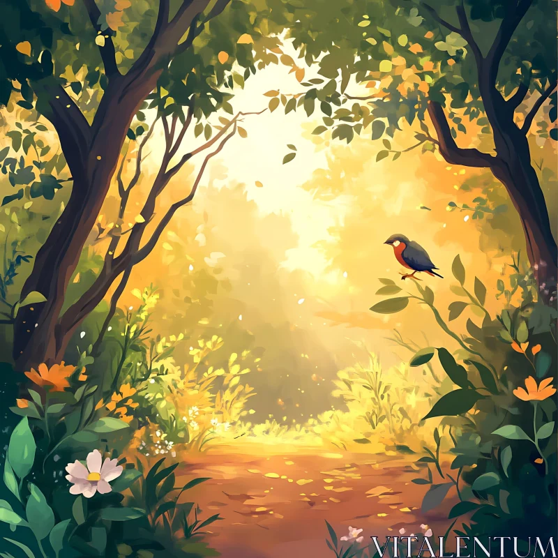 Sun-Dappled Forest with Bird and Blossoms AI Image