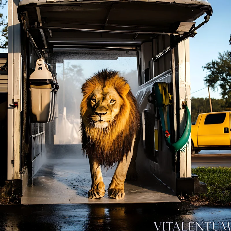 AI ART Unexpected Guest: Lion at the Carwash