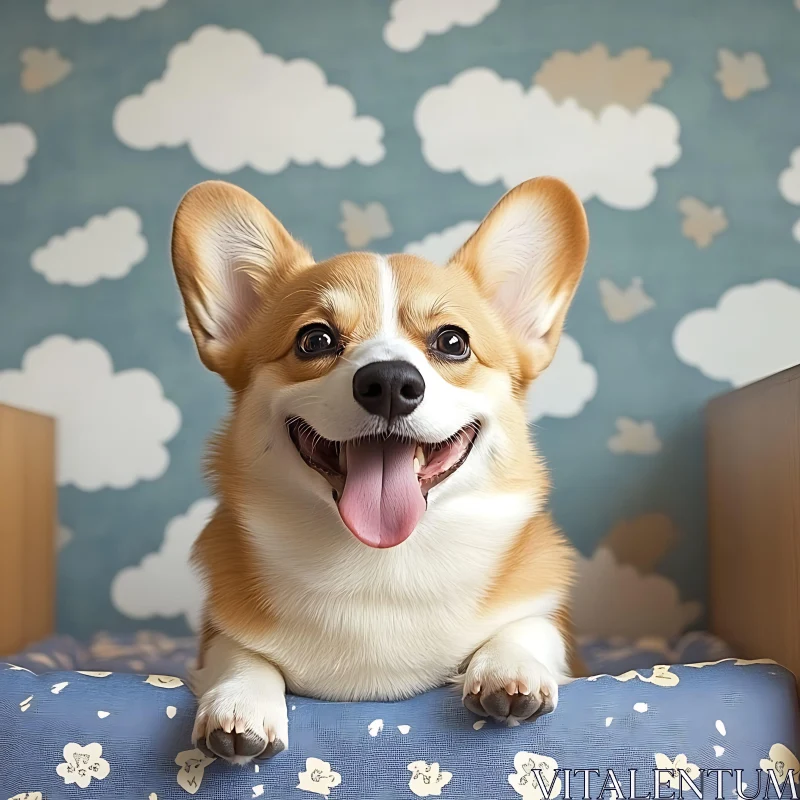 Happy Corgi in a Whimsical Cloudy Setting AI Image