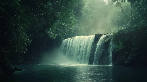 Peaceful Waterfall in Dense Greenery