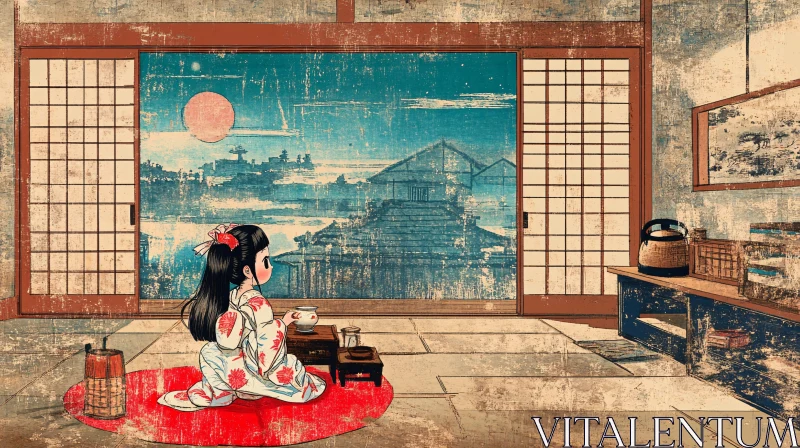 AI ART Vintage Japanese Room with Young Girl