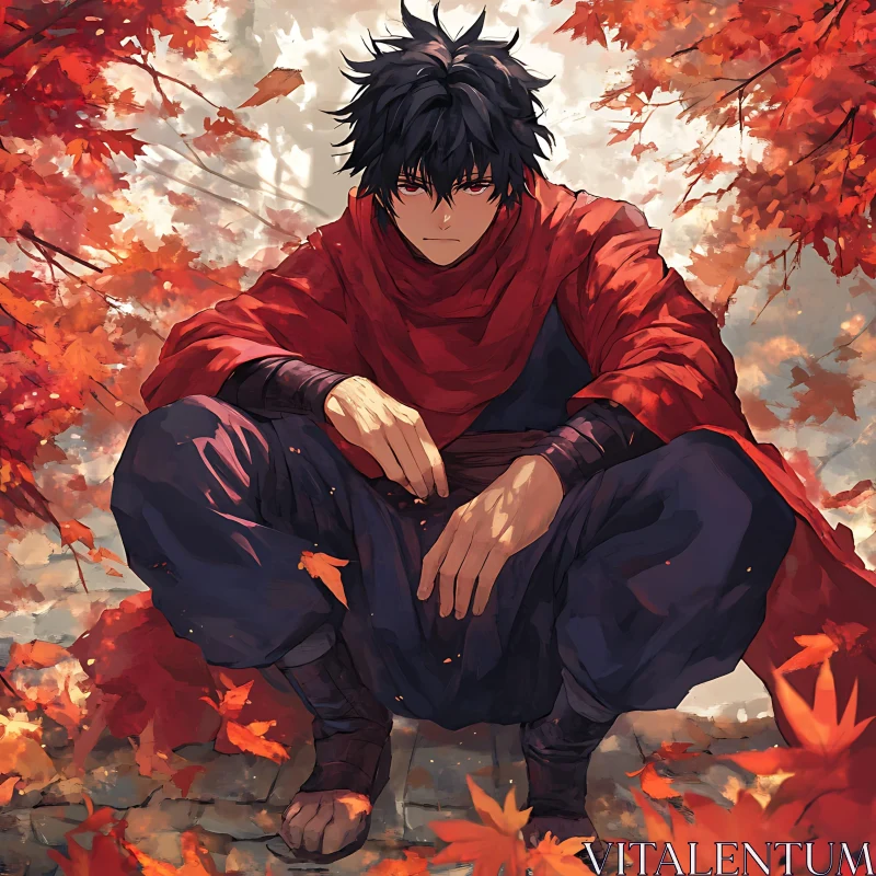 Red Shawl Anime Character in Fall AI Image