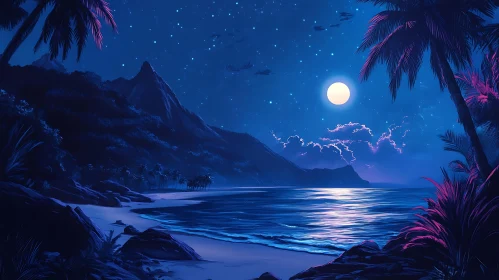 Nighttime Beach Scene with Moon and Palms