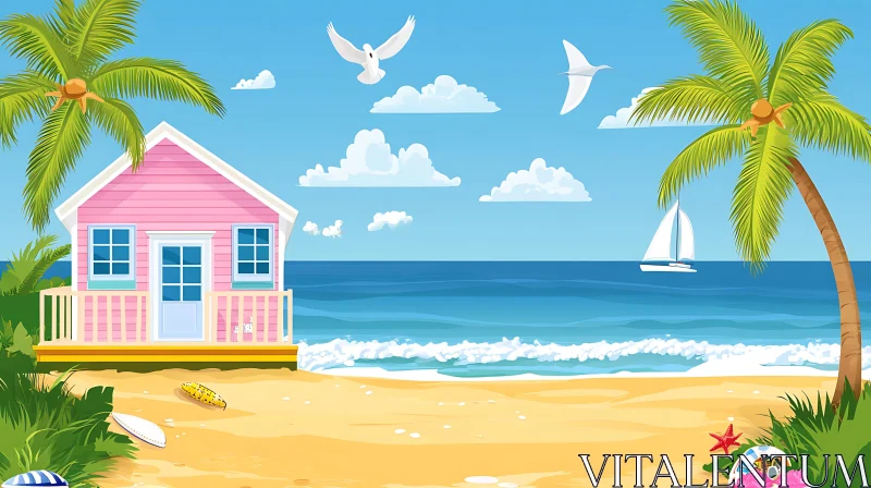 AI ART Pink Beach House by the Sea