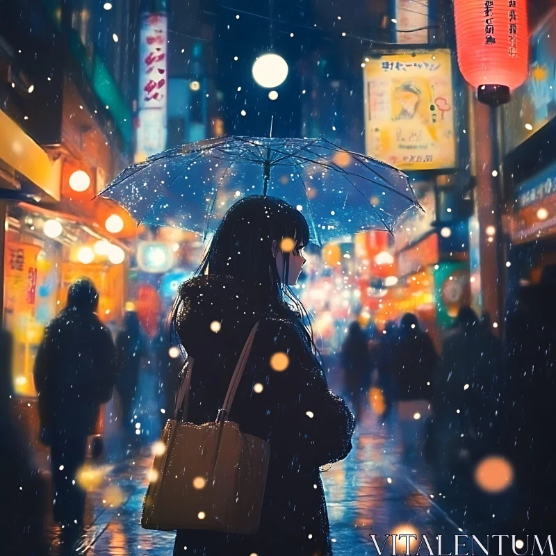 Nighttime Urban Scene with Woman and Umbrella AI Image