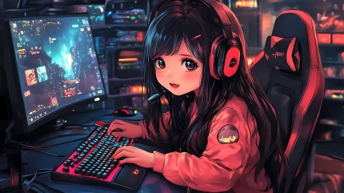 Anime Girl Engrossed in Gaming