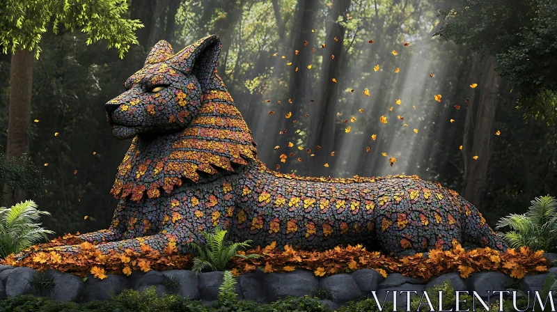 Autumnal Wolf Sculpture Forest Scene AI Image