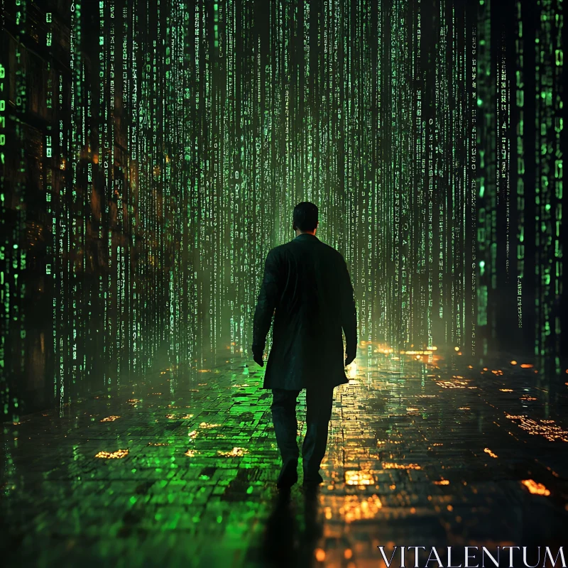 Binary Rain: Man in the Digital World AI Image