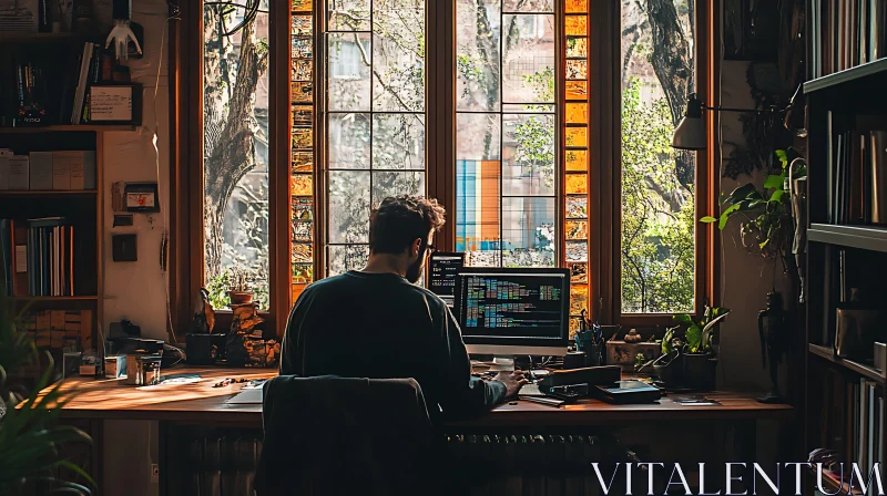 AI ART Cozy Home Office with Man Working