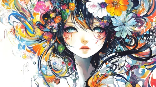 Vivid Floral Elements in Abstract Female Portrait