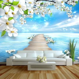 Modern Interior with Scenic Seaside and Blossoms