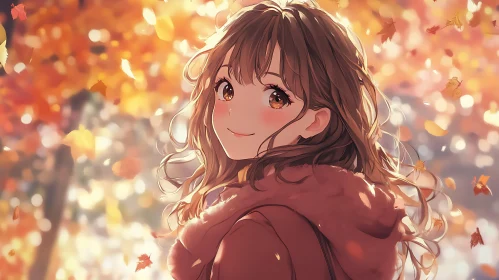 Smiling Girl in Autumn Setting - Anime Art