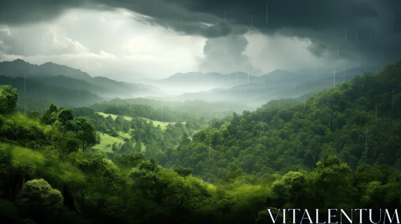 Rainy Forest Scene with Storm Clouds Over Green Mountains AI Image