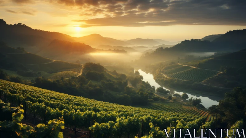 Sunrise Over Vineyards by the River: A Study in Eco-Friendly Craftsmanship AI Image