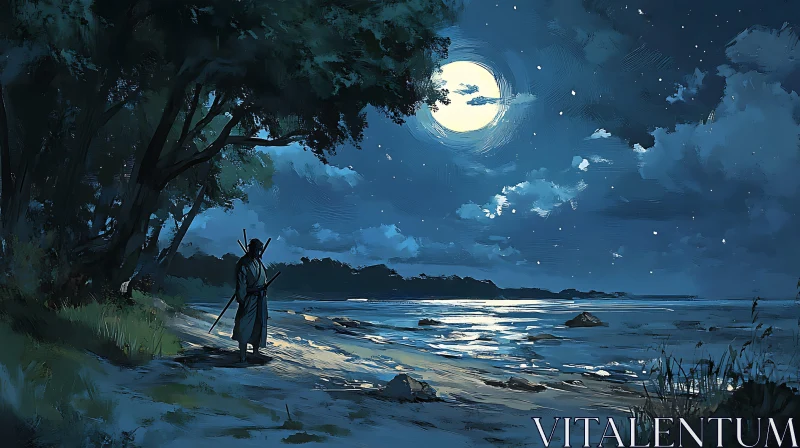 Figure on Beach Under Moonlight AI Image