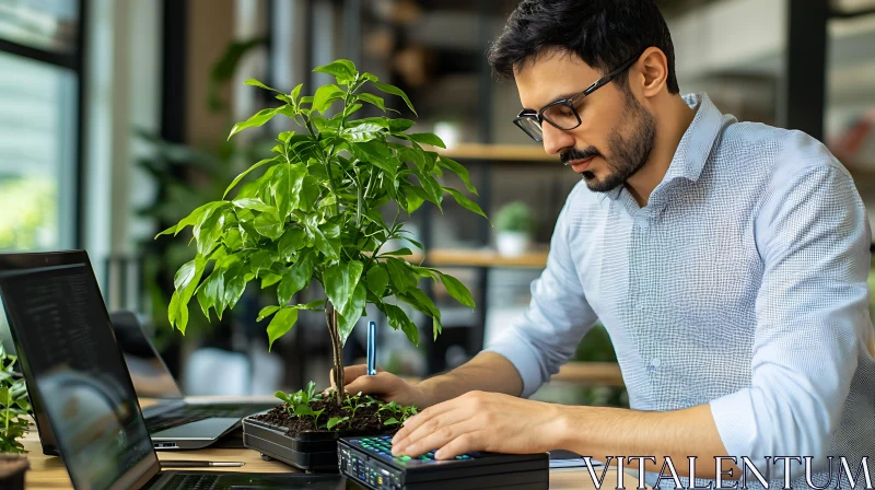 Creative Man Working with Nature and Tech AI Image