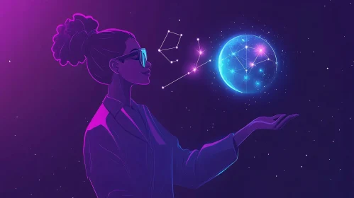 Woman Contemplates Glowing Orb and Stars