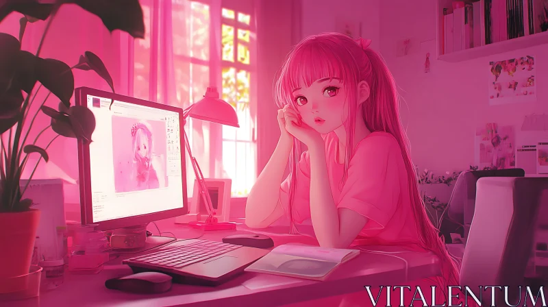 Anime Girl in a Pink Room with Computer AI Image