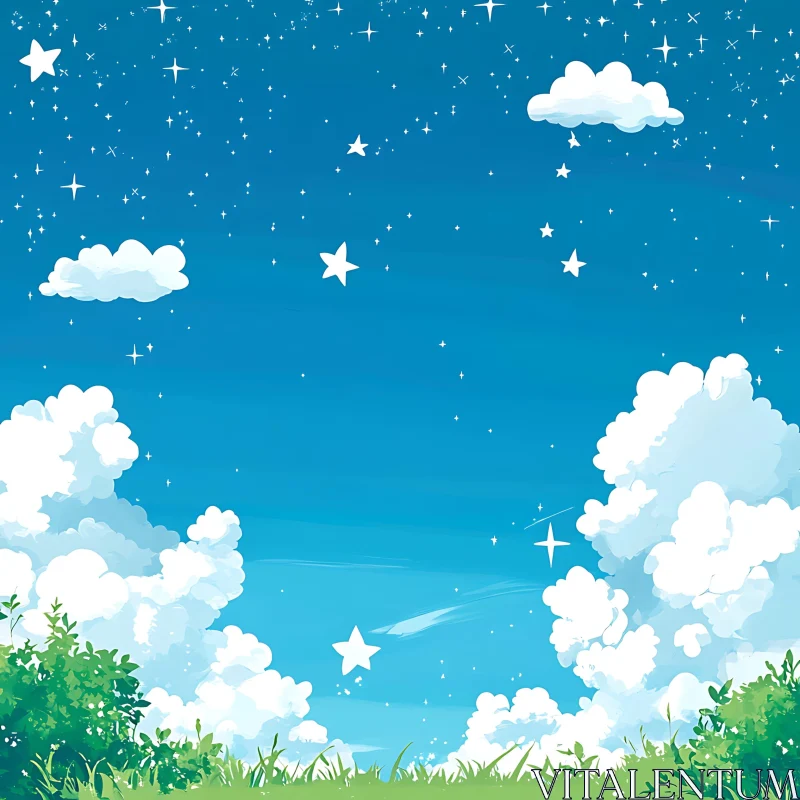 Serene Landscape with Stars and Lush Grass AI Image