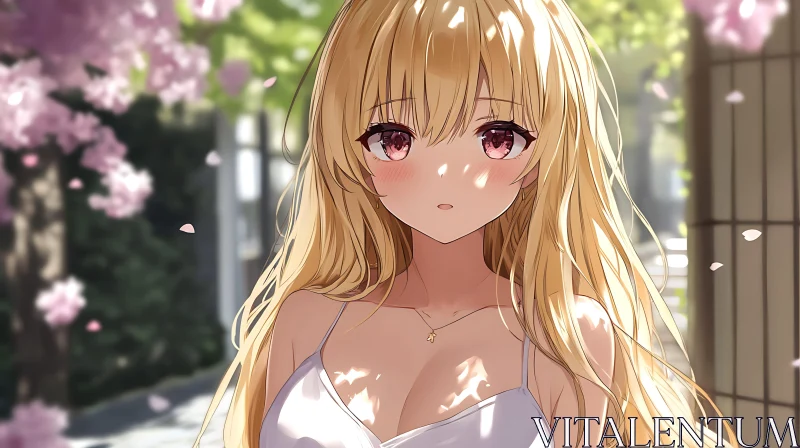 Blonde-Haired Anime Girl in a Spring Setting AI Image