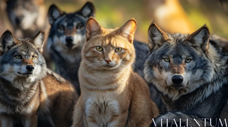 Ginger Cat and Wolf Pack Portrait AI Image