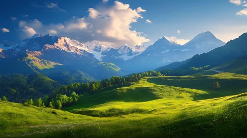 Green Hills and Snow-Capped Mountain View