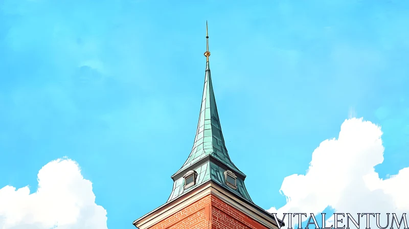 Steeple Tower Over Brick Structure under Blue Sky AI Image