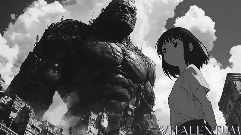 Giant vs. Girl in Urban Monochrome Anime Setting AI Image