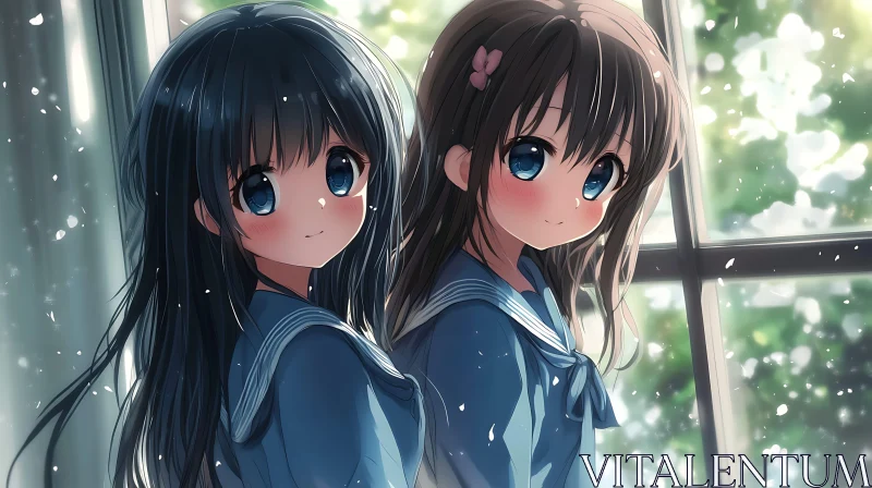 Anime School Girls with Sparkling Background AI Image