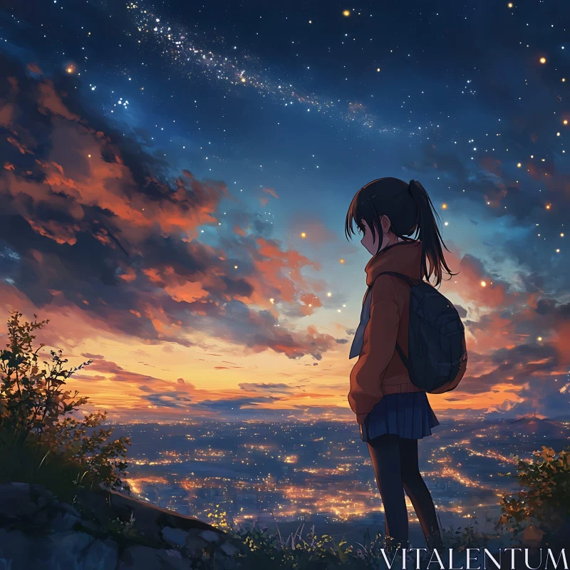 AI ART Serene Anime Sunset with Cityscape and Stars