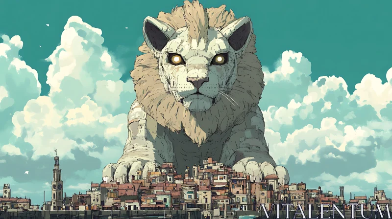 Monumental Lion Statue and Cityscape AI Image